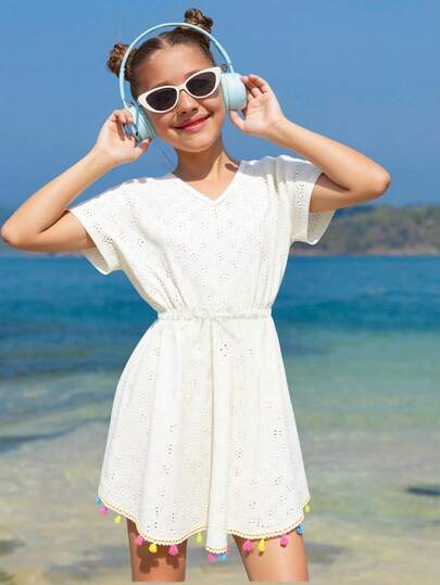 SHEIN Tween Girl V-hals Fringe Dekor Knotted Kort ärm Casual Cover Up