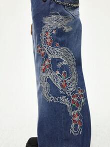 ROMWE MEN Street Life 男士中国龙图案口袋阔腿宽松休闲牛仔裤 - 藍色 - 查看 2