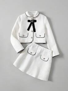 Ontre Tween Girl 粗花呢拼布黑色抽绳蝴蝶结装饰领夹克和裙子休闲套装 - 白色 - 查看 5