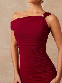 Lumalex Đầm maxi đỏ lưới thanh lịch, mềm mại và thoải mái với khóa kim loại trang trí, vai lệch, thích hợp cho mùa xuân/hè, dành cho nữ, sang trọng cho năm mới, tiệc tùng, mùa cưới, ngày Valentine lãng mạn. - Đỏ - Xem 8