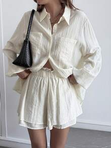 DAZY Bộ 2 món áo sơ mi tay dài rộng cổ bẻ và quần short mùa hè cho nữ, phong cách thường ngày đi nghỉ - trắng - Xem 2