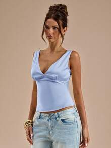 SHEIN BAE Satin Tie Back Tank Top, Suitable For Vacation, Beach , Music Festival , Brunch, Wedding Guest , Bridesmaid , Spring/Summer - Baby Blue - View 4