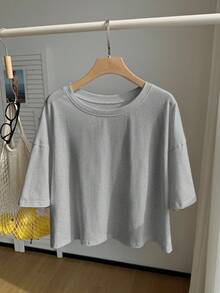Comfortcana Light Gray Solid Color Dropped Shoulder Casual Plus Size T-Shirt - Light Grey - View 3