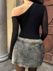 MainGRL 1pc Women's Black Rhinestone Embellished Mesh Bodysuit,Spring/Summer Ummer Outfits For Women - Black - View 2