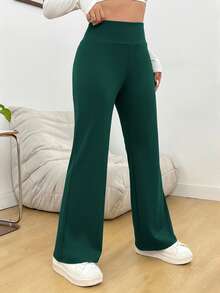 SHEIN PETITE CURVE 加大码纯色弹力腰休闲喇叭裤 - 墨綠色 - 查看 3