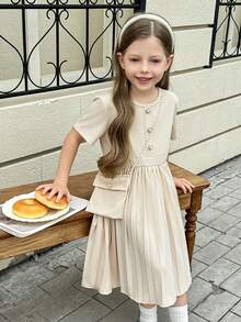 Elladie kids 1pc Girls Kids Summer New 2025 Round Neck Short Sleeve Front Button Decor Hem Pleated Design Khaki Casual Dress + Crossbody Bag, Elegant Minimalist Fashion Versatile For School And Outings - Khaki - View 4