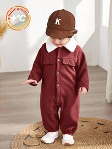 Baby Boys Thermal Lined Jumpsuit, Thickened Warm Turtleneck Long Sleeve Outfit, Comfortable Versatile Casual Cute Simple Basic Style, Suitable For Indoor, Outdoor, Daily Wear, Sports, Play, Party, Photo Shoot, Halloween In Autumn/Winter