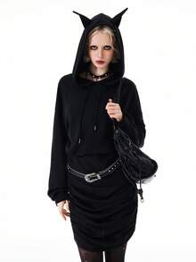 Bloopia 女士耳朵图案连帽针织卫衣迷你连衣裙 - 黑色 - 查看 5