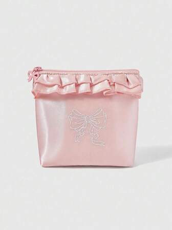 Kawaii Bestickter Schleifen-Blumen Kleine Eimer Taschentuchbox/Make-up Tasche/Reise Pad Halter, Geschenk/Münzbörse, Pink