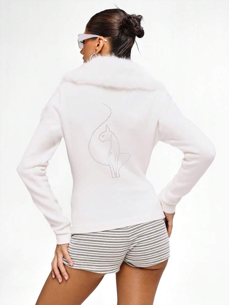 BABYPHAT 가을 겨울용 인조 모피 칼라와 모조 다이아몬드 로고 디테일이 있는 고급스러운 긴소매 니트 스웨터 탑