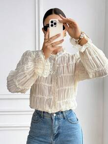 Serisse 女士纯色常规肩部喇叭袖衬衫，法式成熟优雅立领荷叶边衬衫，3D刺绣褶皱设计，复古宫廷风长袖上衣，时尚优雅，女士上衣，春季女装，春假白色薄纱上衣奶油色休闲衬衫 - 米色 - 查看 8
