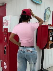 SHEIN EZwear 女士休闲日常纽扣圆领短袖开衫粉色上衣，适合返校、情人节等场合穿着。 - 粉色 - 查看 2