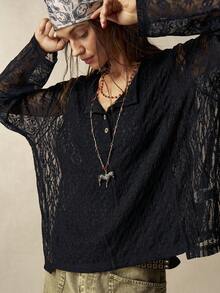 Bohemela 纯色针织撞色蕾丝半开领长袖宽松女式衬衫 - 黑色 - 查看 5