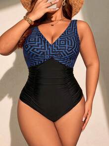 Swim Lushoire Plus Size Women's Summer Beach Vacation Geometric Pattern Deep V-Neck Ruched Fitted One-Piece Swimsuit - Multicolor - View 1