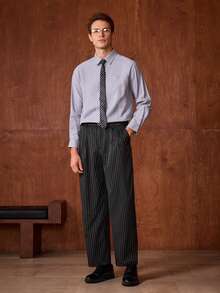 Officeau 男士条纹印花阔腿裤，配腰带，适合秋冬春夏穿着 - 黑色 - 查看 7