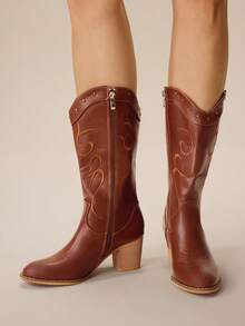 Styleloop Women's Casual Vintage Chunky Heel Mid-Calf Boots, Suitable For Christmas, Thanksgiving, Party, New Year Outfit - Mocha Brown - View 3