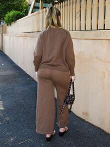 Arliah Damen Einfarbiger Rundhals Raglanärmel Langarm Pullover und Kordelzug Taille Strickjose Freizeitanzug