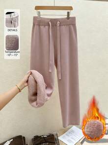 SHEIN LUNE Plus Size Solid Color Drawstring Waist Thermal-Lined Fashionable Winter Sweatpants - Apricot - View 1