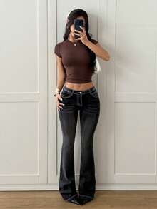 SHEIN PETITE Quần jeans ống loe giản dị có túi trang trí nơ mùa đông dành cho nữ, quần denim đen giặt đa năng cho tiệc tùng - màu đen - Xem 6
