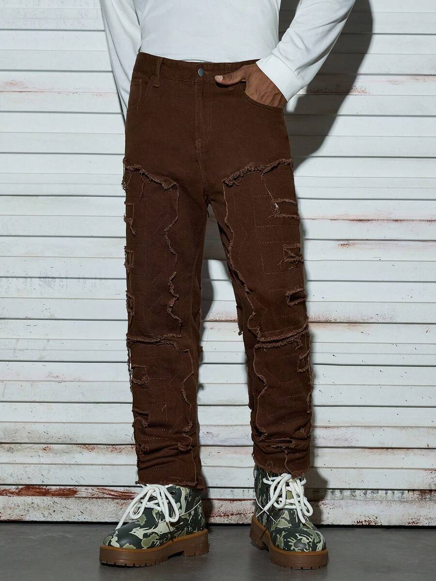 Modcrash 男士时尚做旧牛仔裤，创意流苏设计，简约风格，适合日常休闲穿着，春夏Emo风 - 咖啡棕 - 查看 1