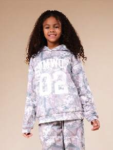 SUMWON Oversized Tween Floral Print Hoodie And Sweatpants Co-Ord Set Without Drawstring Hood Centre Pocket Elastic Waist Comfortable Wear Outfit , Casual And - Grey - View 7