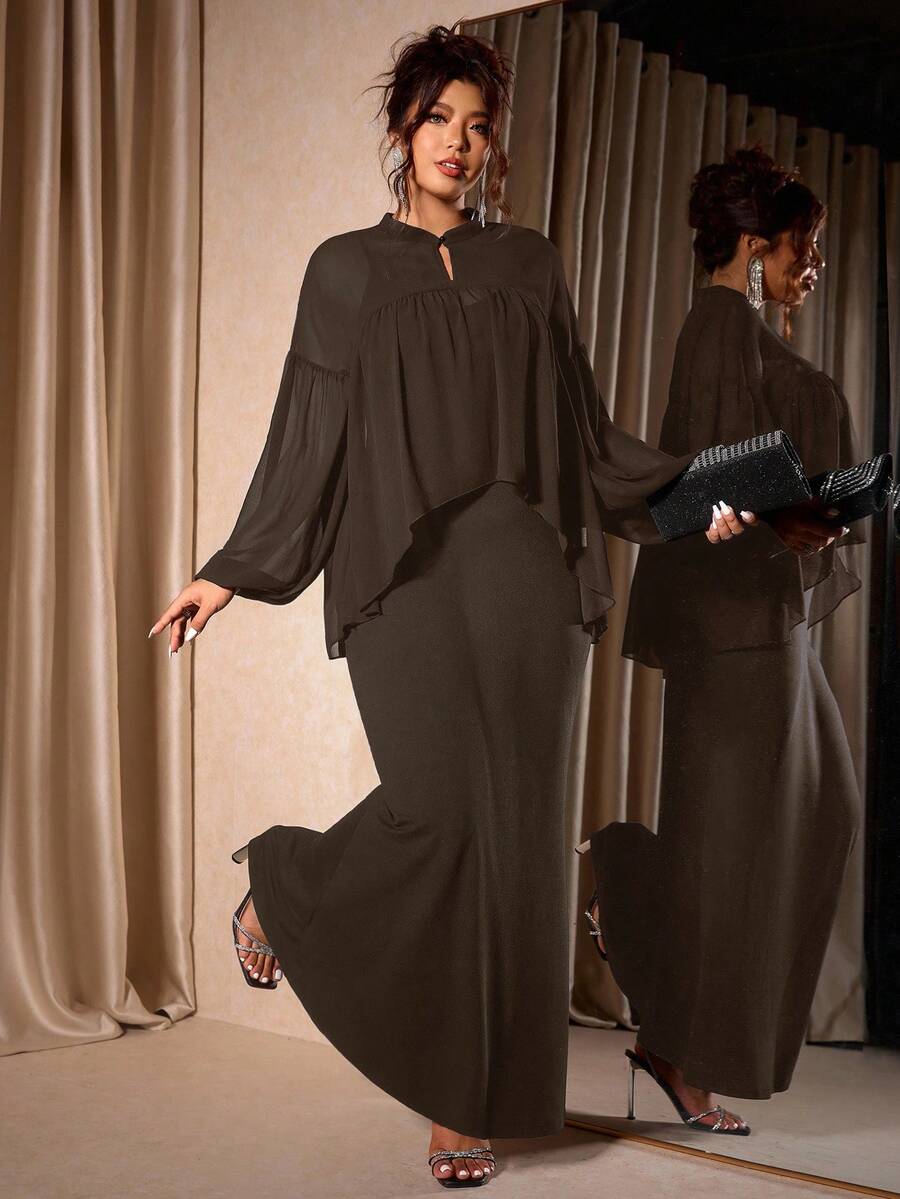 Cravure Plus Size Women's New Chinese Style Chiffon Shawl Collar Lightweight Sun Protection Shirt Jacket & Dress Cover-Up Set - Brown - View 1