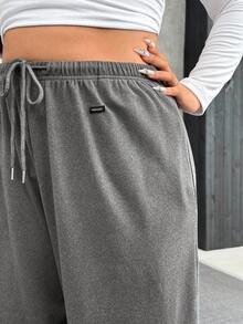 SHEIN EZwear Quần dài rộng rãi thoải mái ấm áp mềm mại màu xám đậm cỡ lớn, dành cho mùa đông - Màu xám đen - Xem 6