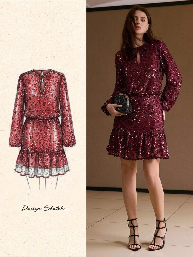 SEQUIN WAIST FITTED SHORT DRESS, AUTUMN/WINTER, CHRISTMAS DRESS, RED DRESS, NEW YEAR DRESS
