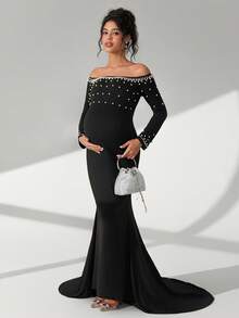 Cheriluna Maternity فستان أنيق للنساء بأكمام طويلة وياقة مكشوفة الكتف مزين باللؤلؤ - الأسود - مشاهدة 3