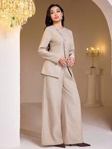 Veilorie Bộ 2 món áo dài tay cổ tròn, cài nút đơn, viền bất đối xứng và quần ống rộng cạp chun thoải mái cho nữ - Màu Khaki - Xem 4