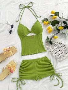 Soleia 女士复古度假风V领露背系带修身撞色上衣搭配低腰褶皱抽绳短裤两件套，适合派对、圣诞节、约会、夜店、海滩、邮轮、下午茶、波西米亚风、度假、秋季等场合。 - 綠色 - 查看 6