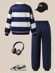 Casuvi Kids 5-Piece Set: Casual Striped & Plaid Letter Print Polo Collar Long Sleeve Sweatshirt + Elastic Waist Jogger Pants, Loose Fit, Suitable For Boys, Spring/Summer/Autumn, Versatile For Daily Wear, Birthday Party, School Activities, Family Gathering, Formal Occasions - Multicolor - View 6