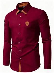 Manfinity Mode Men's Contrast Color Patchwork Front Button Fashionable Versatile Business Casual Long Sleeve Shirt Burgundy Men Shirt Men Luxury Shirts Maroon And White Shirt Men Collar Shirt For Men Men Designer Shirts - Burgundy - View 3