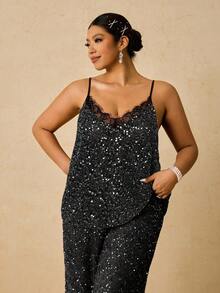 Freevana Plus Size Sequin Lace Patchwork Solid Color Sexy Camisole - Black - View 4
