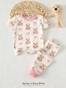 Cozy Pixies 女婴卡通熊印花针织柔软圆领长袖上衣和弹力腰带打底裤两件套睡衣 - 彩色 - 查看 2