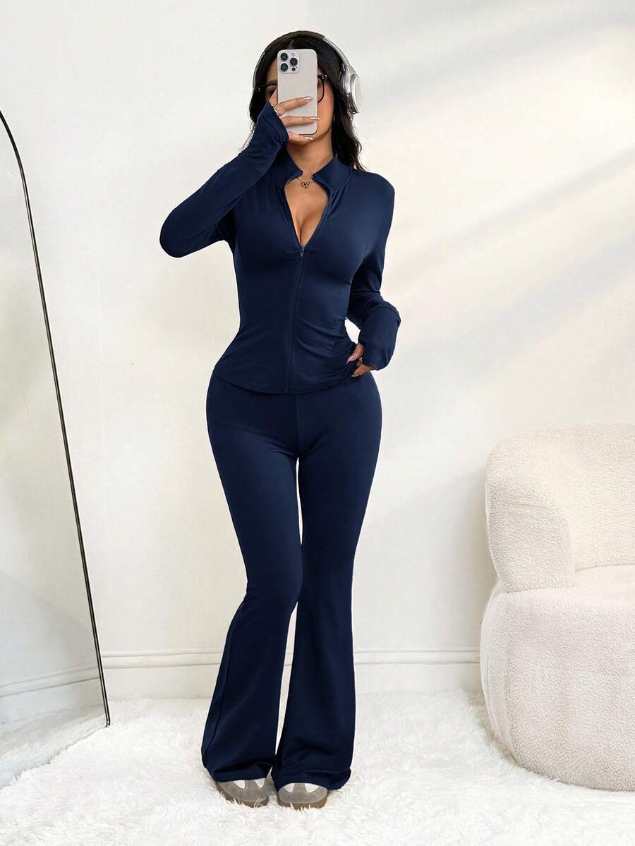 SHEIN PETITE 2件組女款海軍藍純色修身拉鍊長袖上衣與喇叭褲套裝,秋季休閒運動服,健身運動瑜伽居家套裝,適合小個女款 - 藏蓝色 - 查看 1