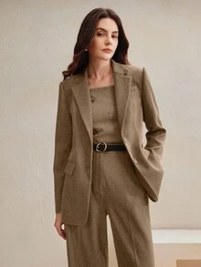 Anewsta Conjunto de traje de negocios de inspiración vintage para mujer - Blazer y pantalones de pierna ancha - Caqui - Ver 4