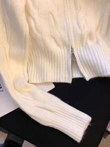 Resyla 女士休闲纯色拉链开衫，百搭秋冬装 - 米色 - 查看 3