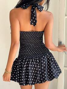 Lyxana Black Polka Dot Waist Tie-Up Halter Backless Bubble Ruffle Hem Mini Dress, Petite Women, Spring/Summer , Fashion, Commute, Vacation, Minimalist, Graduation, Back To School, Teacher, Elegant, Daily, Date - Black - View 2