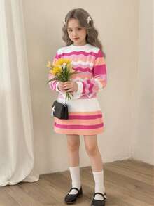 2pcs/Set Girls Sweater Co-Ord Set, Pink Rainbow Striped Knitted Sweater And Skirt, Comfortable For Autumn/Winter Wear, Suitable For School, Daily, Party, Versatile And High Value Long Sleeve Dress For Kids Kids Sweaters For Girls Jumper For Girls Girl Clothes Autumn And Winter Clothes Autumn And Winter Young Girls Drease - Pink - View 1