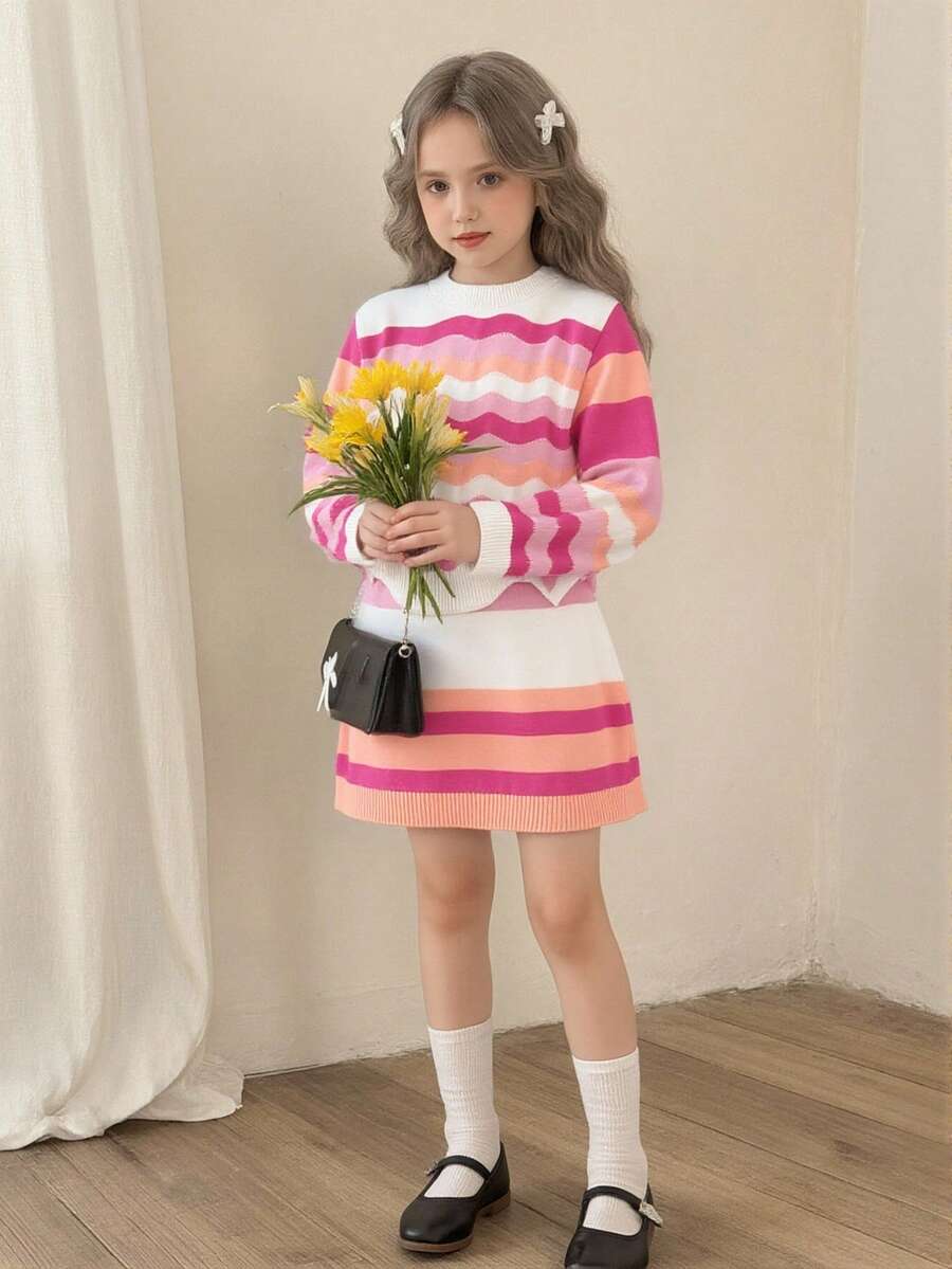 2pcs/Set Girls Sweater Co-Ord Set, Pink Rainbow Striped Knitted Sweater And Skirt, Comfortable For Autumn/Winter Wear, Suitable For School, Daily, Party, Versatile And High Value Long Sleeve Dress For Kids Kids Sweaters For Girls Jumper For Girls Girl Clothes Autumn And Winter Clothes Autumn And Winter Young Girls Drease - Pink - View 1