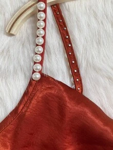 SHEIN Franclia 女士优雅缎面珍珠吊带裙，A 字廓形，适合通勤、派对和活动