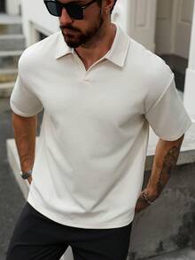 Manfinity CasualCool 加大码男士纹理面料休闲Polo衫，男士Polo衫，男士针织衫，奶油色上衣，男士纽扣针织Polo衫，男士夏季纯色短袖Polo衫，Manfinity男士夏季纯色短袖休闲通勤Polo衫，适合高尔夫等场合，白色Polo衫，日常休闲、周末旅行、户外活动、探险旅行、轻松的工作环境或半正式场合，男友/丈夫礼物，周年纪念/生日礼物，派对、暑假、新年、婚礼、情人节 - 米色 - 查看 5