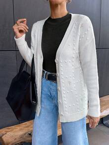 EURMUSE Women Floral 3d Embroidery Detailed Button Front Drop Shoulder Loose Fit Cardigan - Beige - View 3