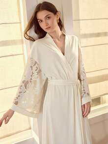 MOTF PREMIUM CONTRAST LACE KNIT CAMISOLE NIGHTGOWN AND BELTED ROBE SET - White - View 6