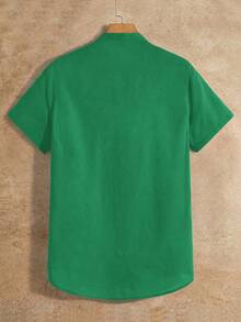 HIMLAND Men's Casual Emerald Green Summer Shirt,Cotton Short Sleeve Stand Collar Slim Fit Plain Shirts For Men,Vacation Holiday Letter Leather Patch Decor - Green - View 3