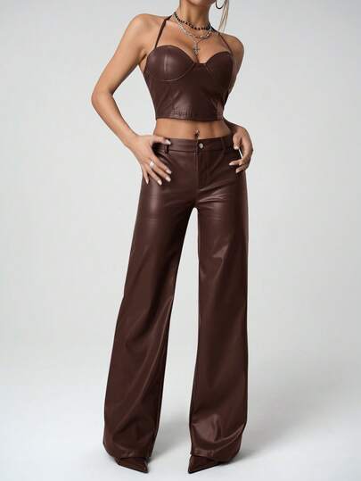 SHEIN ICON ICON Y2K Clothes Women Women Solid Color Halter Top And Casual Burgundy Red Long Pants Set Party Winter New Year Sexy Brown Two Piece Set Women Brown Leather Pants