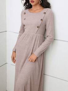 Modelyn Solid Color Round Neck Raglan Sleeve Waist Ribbed Knit Fleece Double-Breasted Elegant Dress - Khaki - View 2