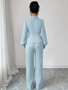 Elenzga 女士优雅休闲通勤度假下午茶聚会纯色不对称交叉领灯笼袖西装外套，搭配松紧腰A字裤套装，适合春、秋、冬季穿着。 - 淺藍色 - 查看 2