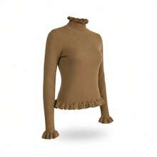 Blusa Polo de Mujer Dama | Manga Larga Cuello Alto | Tejido Elástico y Textura Acanalada | Diseño Chic con Olán en Puños y Bajo | Estilo Juvenil y Elegante | Uso Diario | Material: 50% Viscosa (Rayón), 40% Poliamida (Nailon), 10% Elastano (Licra). - Camel - Ver 4